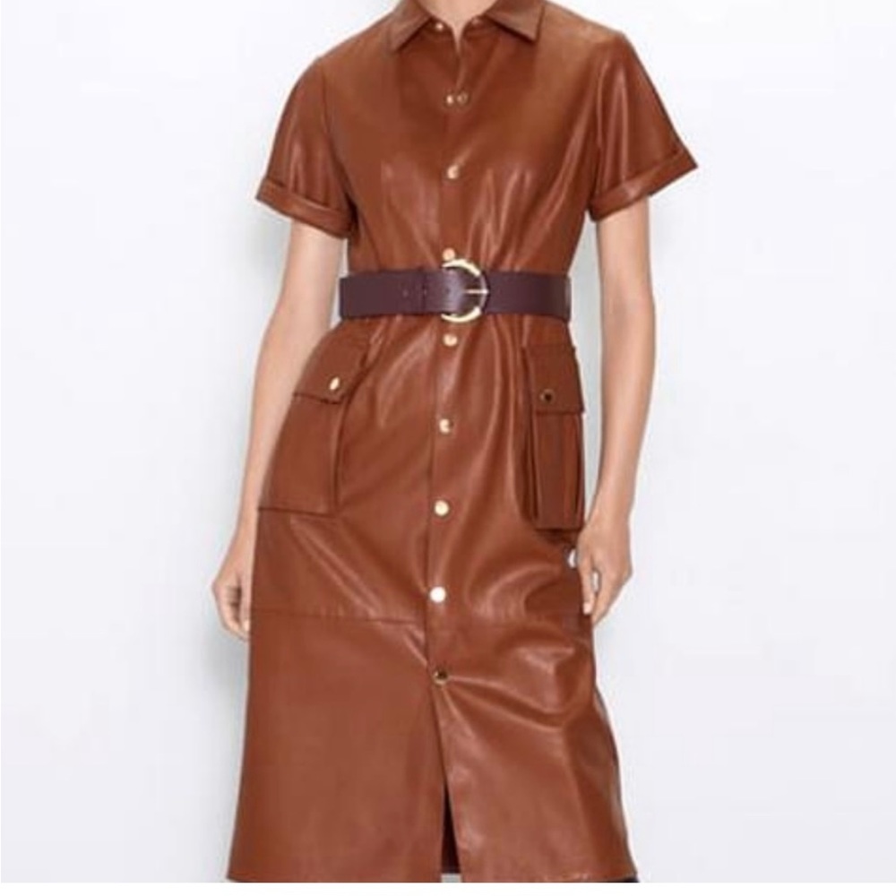 Zara Faux Leather Midi Dress M Medium Camel Tan